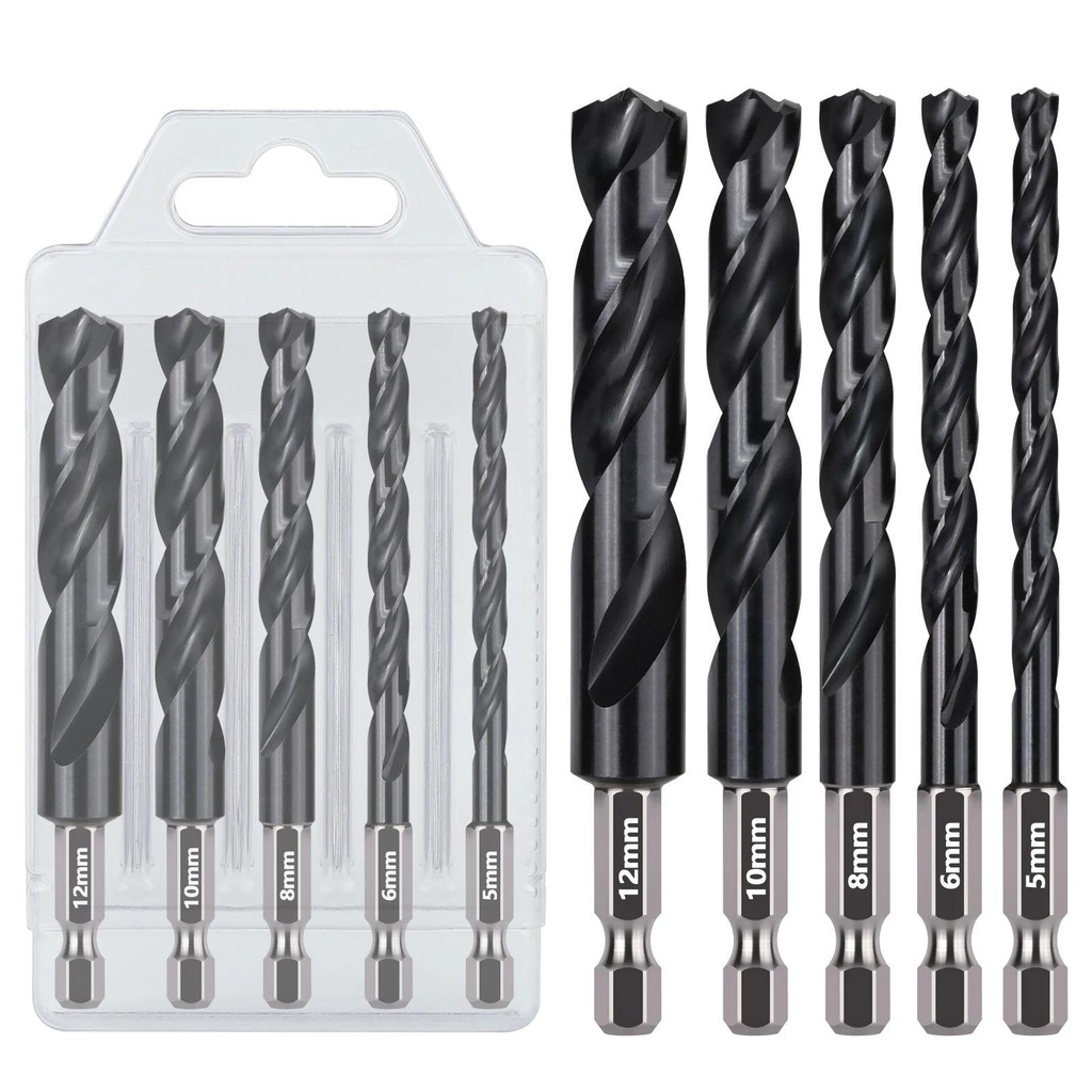 5PCS 5/6/8/10/12 มม.,HSS M2 Jobber ดอกสว่าน Hex Shank เปลี่ยนอย่างรวดเร็ว, AITiN เคลือบ Twist Bit สําหรับท่อโลหะ, สแตนเลส