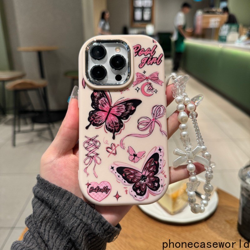 เหมาะสำหรับ iPhone11 12 13 14 15 16Pro PromaxXSMAX 8P Xr ผีเสื้อสองตัวพร้อมสร้อยข้อมือ เคสซิลิโคนอ่อ