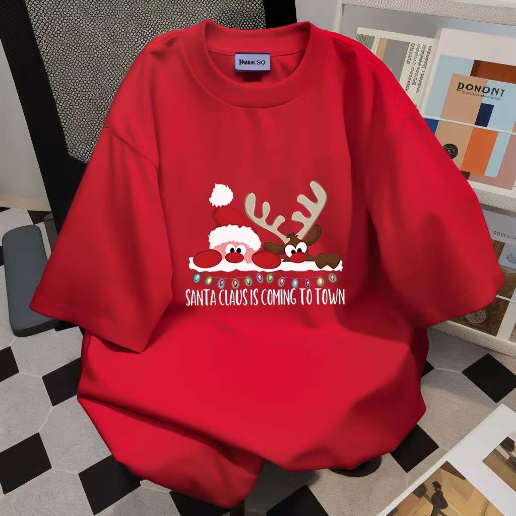(จัดส่งตลอด 24 ชั่วโมง)Woo Right เสื้อยืดคอตตอน 100% จากประเทศไทยลายซานตาคลอสสีแดงลายกวางขนาดใหญ่พิเศษ