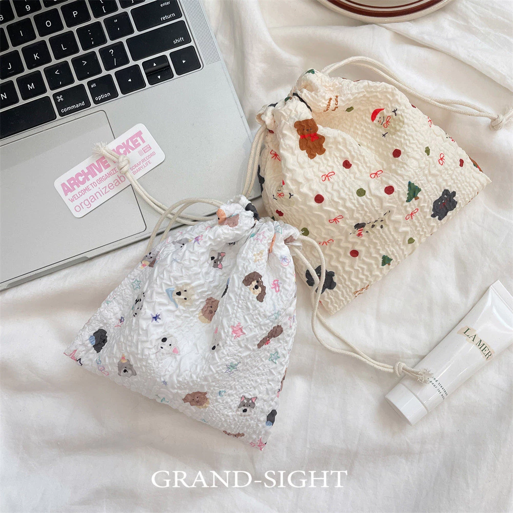 🔥พร้อมส่ง🔥 ถุงหูรูดลายตาราง ถุงหูรูดลายหมี น่ารัก มีให้เลืกหลายสี กระเป๋าผ้าหูรูด