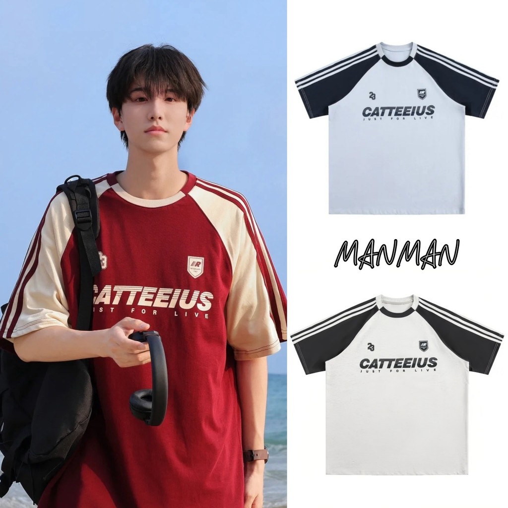 MANMAN เสื้อยืดผู้ชาย คอกลม สีผสม แขนเสื้อ แขนสั้นสำหรับผู้หญิง ชุดคู่รัก พิมพ์ลาย