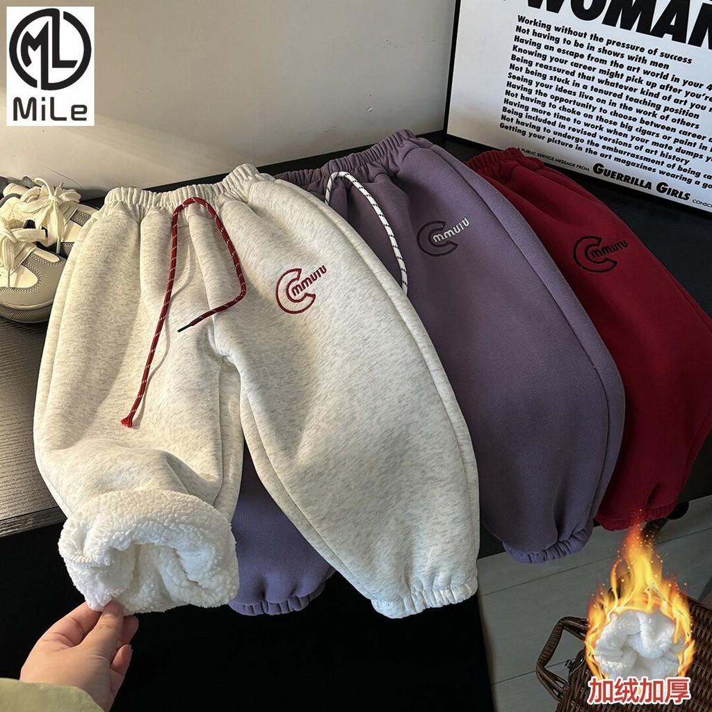 [ML] 80-l ขนาดเด็กขนแกะ-กางเกงขนแกะฤดูหนาวชายหญิง Warm หนา Sweatpants คลาสสิกเย็บปักถักร้อยกลางเด็กใหญ่ Unise