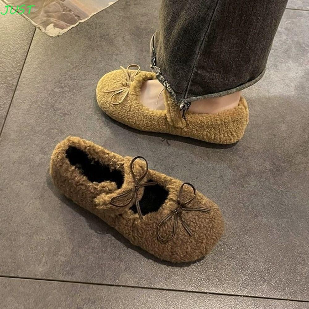 Just Fleece Flats ผู้หญิง,สไตล์บัลเล่ต์ Fluffy Bowknot รองเท้าส้นแบน, รองเท้าแตะหวานลื่น Kawaii Soft Plush Flats Home