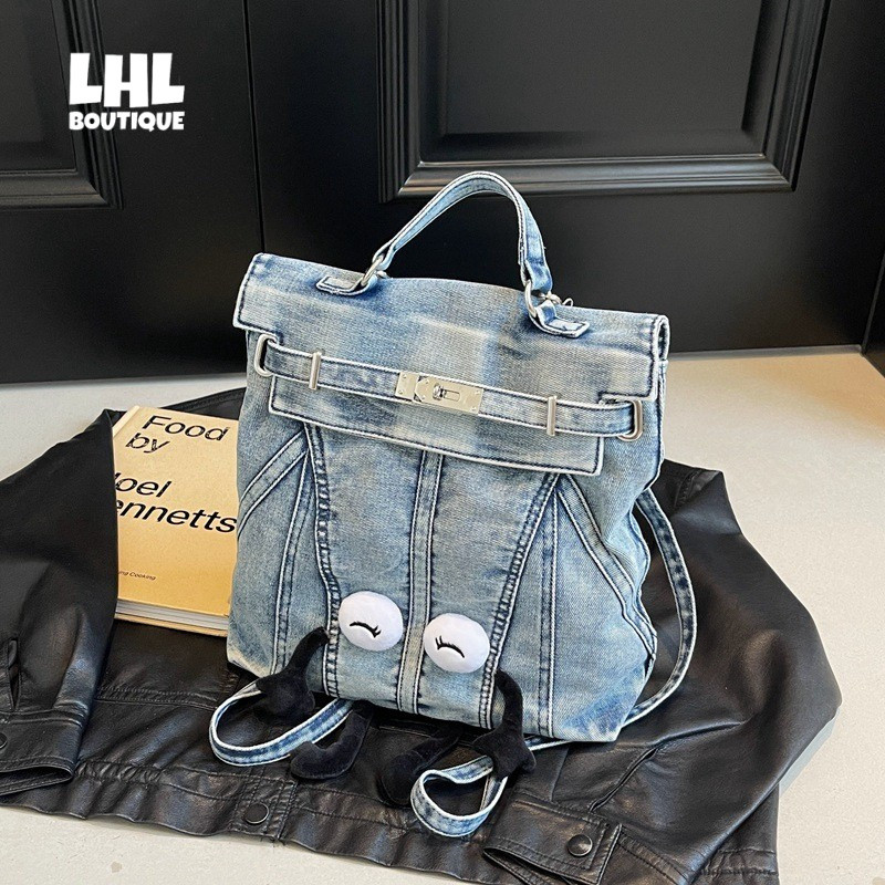 LHL BOUTIQUE วินเทจล้างผ้ายีนส์กระเป๋าเป้สะพายหลังการออกแบบความรู้สึกซูเปอร์ไฟวิทยาลัยนักเรียนแบบพกพาเคลลี่กระเป๋าเดินทาง