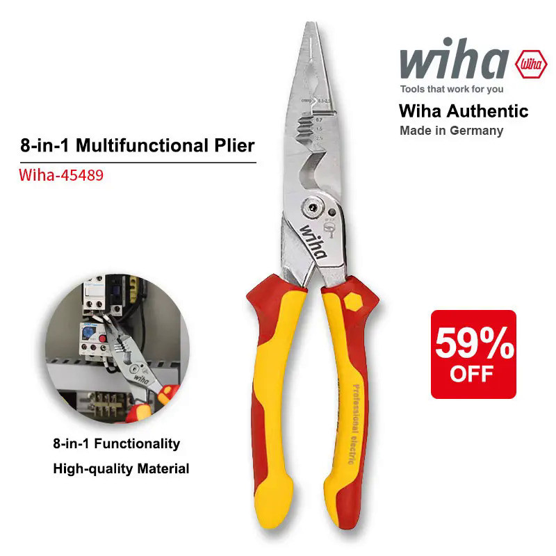 Wiha 45489 Electrician Plier 8-in-1 Multifunctional VDE-tested Insulated Wire Stripping Plier with W