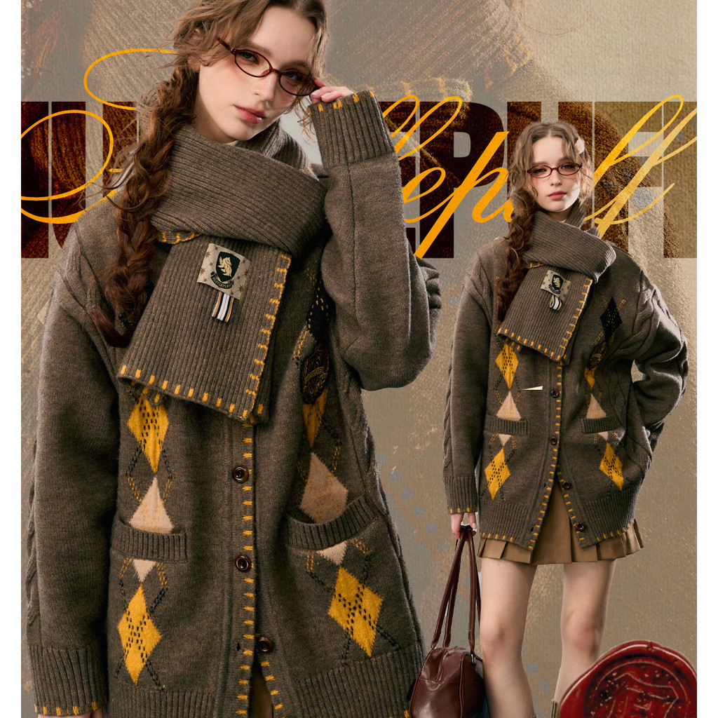 Kyouko x Harry Potter diamond-patterned cardigan sweater สเวตเตอร์กันหนาวคาร์ดิแกนแฮร์รี่ พอตเตอร์ไหมพรม