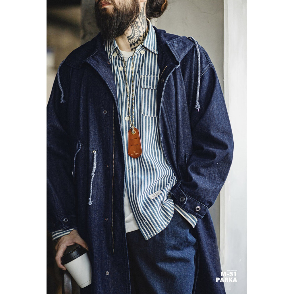 Retro Mens youth workwear สไตล์ 2024 ฤดูหนาวใหม่อเมริกัน M51 denim fish tail windbreaker หลวมกลางยาว