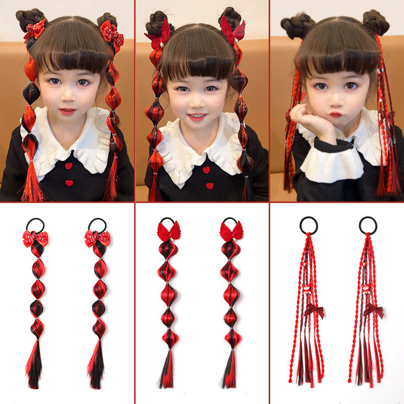 2ชิ้น เปียวิกผมเด็ก เครื่องประดับผมปีใหม่ เปียวิกผมหางม้า โบว์สาว เปียฟอง ที่คาดผม เชือกคาดผม มวย ถักเปีย