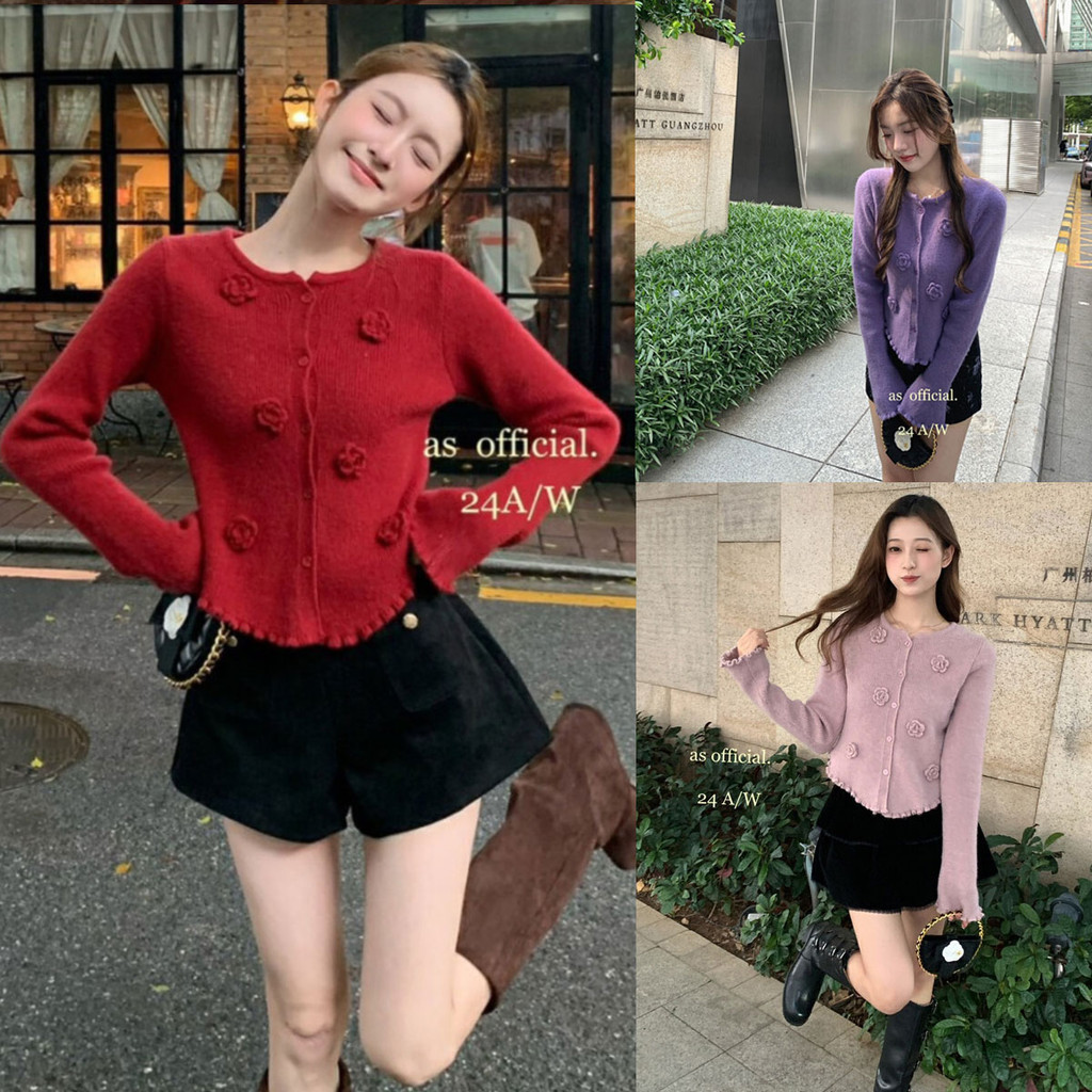 Dahong เสื้อสเวตเตอร์ครอปธีมคริสต์มาส ไหมพรมแขนยาว กระดุมแต่งดอกไม้ ผ้าไหมพรมเนื้อนุ่ม ใส่สบาย M088