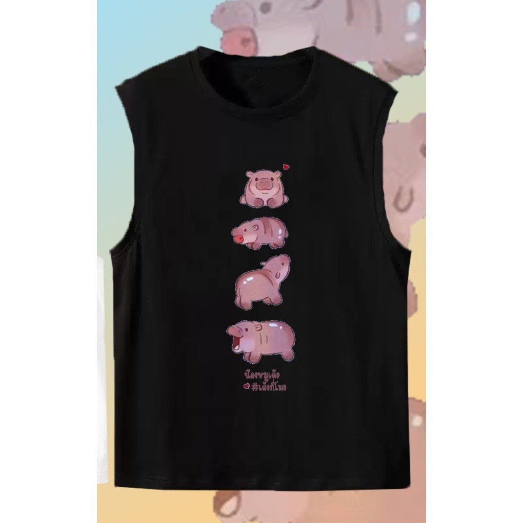 🌸HOT  พิมพ์ฮิปโป เสื้อยืดแขนกุด ขาหมู แอนด์เดอะแก๊ง MOO DENG Hippo Tank Men's top