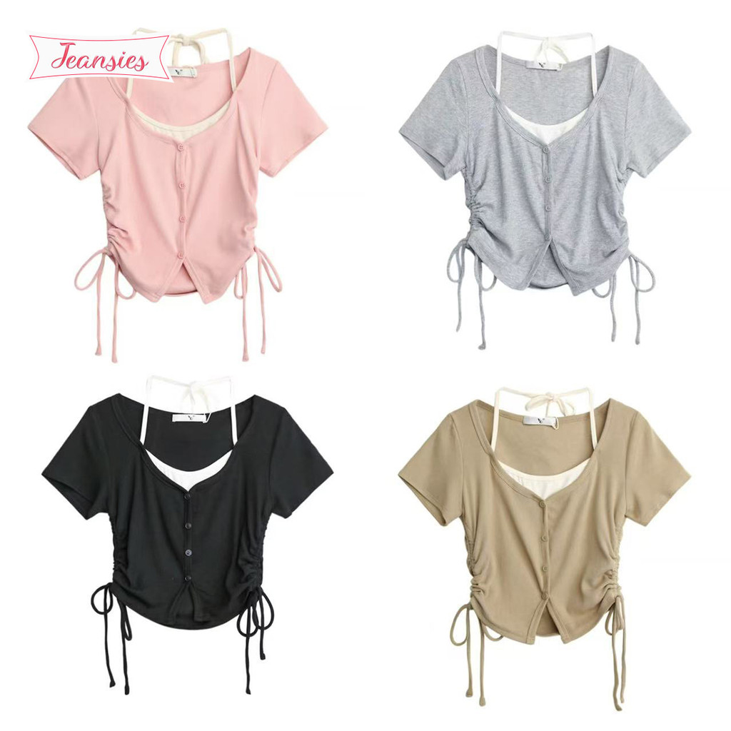 เสื้อยืดแขนสั้นมีสายผูกคอ สไตล์ใหม่ สวยหรูสำหรับสาวๆ
