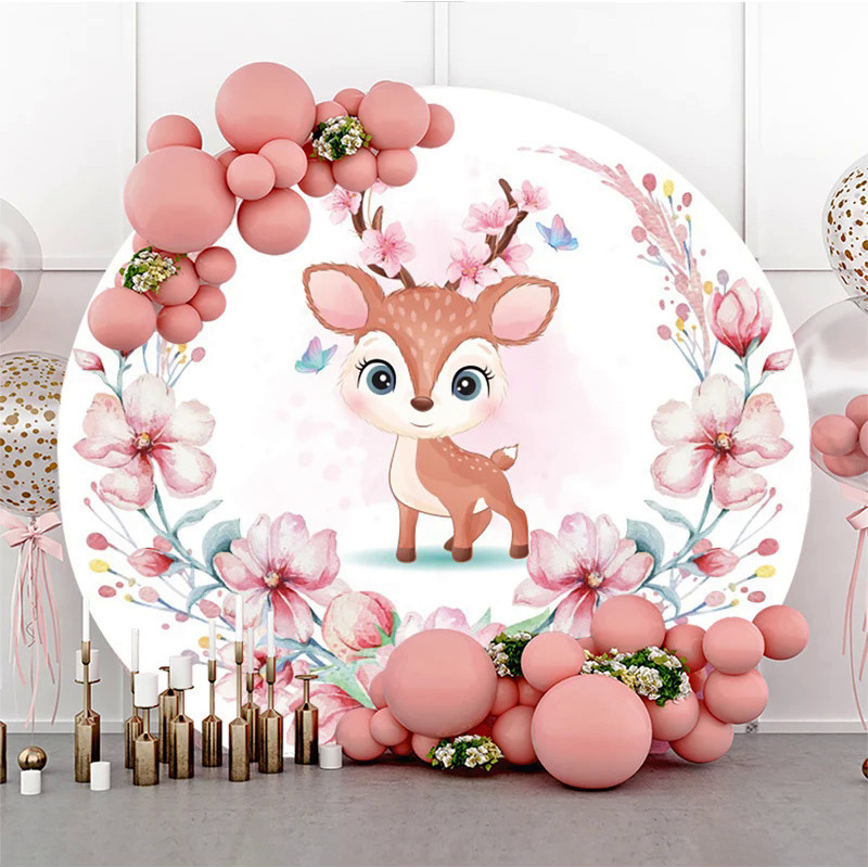 Round Photography Background Sweet Deer Pink Floral Girls 1st Birthday Party Decoration Watercolor A