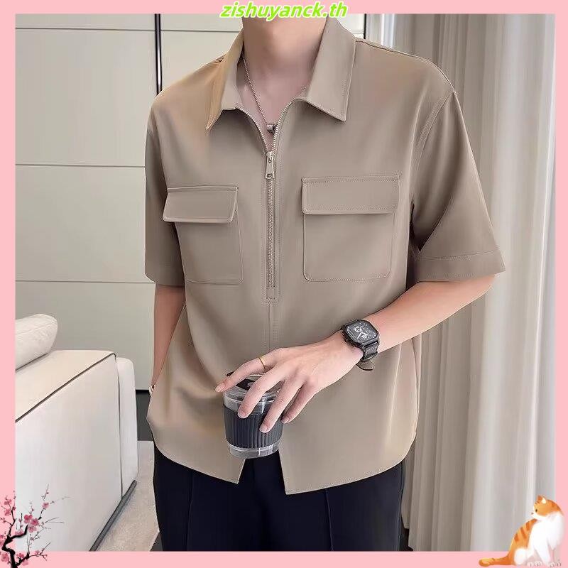เสื้อเชิ้ตแขนสั้นลําลอง คอปก มีซิป ทรงหลวม เข้ากับทุกการแต่งกาย สไตล์เกาหลี สําหรับผู้ชาย dtt01