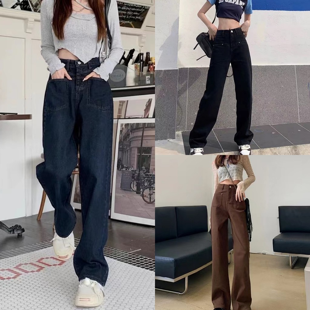 🍓Evelyn🍓กางเกงยีนส์ขายาว สำหรับผู้หญิง ทรงกระบอกตรง กางเกงยีนส์เอวสูงสไตล์เรโทร เก๋ และลำลอง#946/946