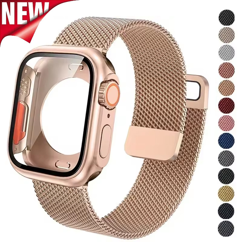 สายโลหะมิลาน+เคส เข้ากันได้กับ แอปเปิล ดู 46 มม. 45 มม. 44 มม. 41 มม. 40 มม. 42 มม. 38 มม. ฉันดู ชุด10 9 8 7 6 5 4 กับ 2 3