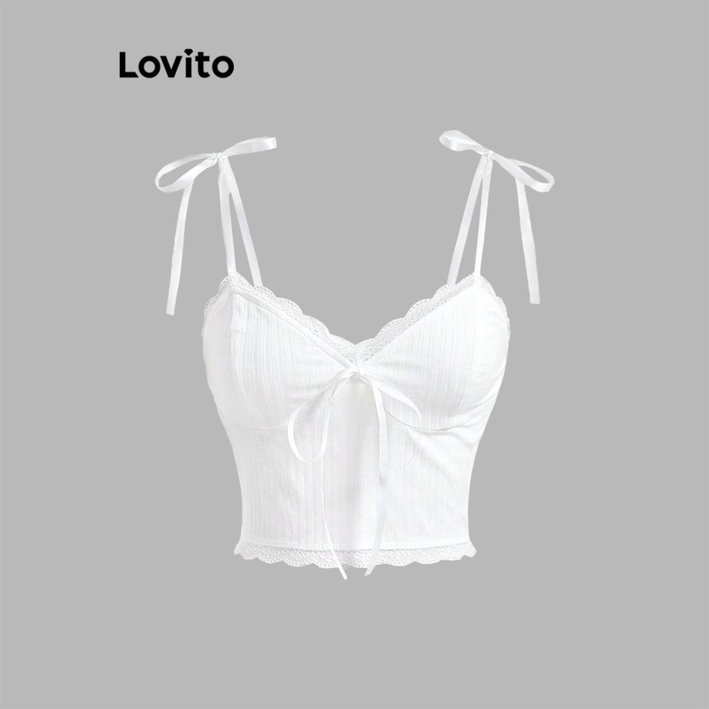 Lovito เสื้อกล้ามผูกเชือกสีพื้นลำลองสำหรับผู้หญิง L112ED259
