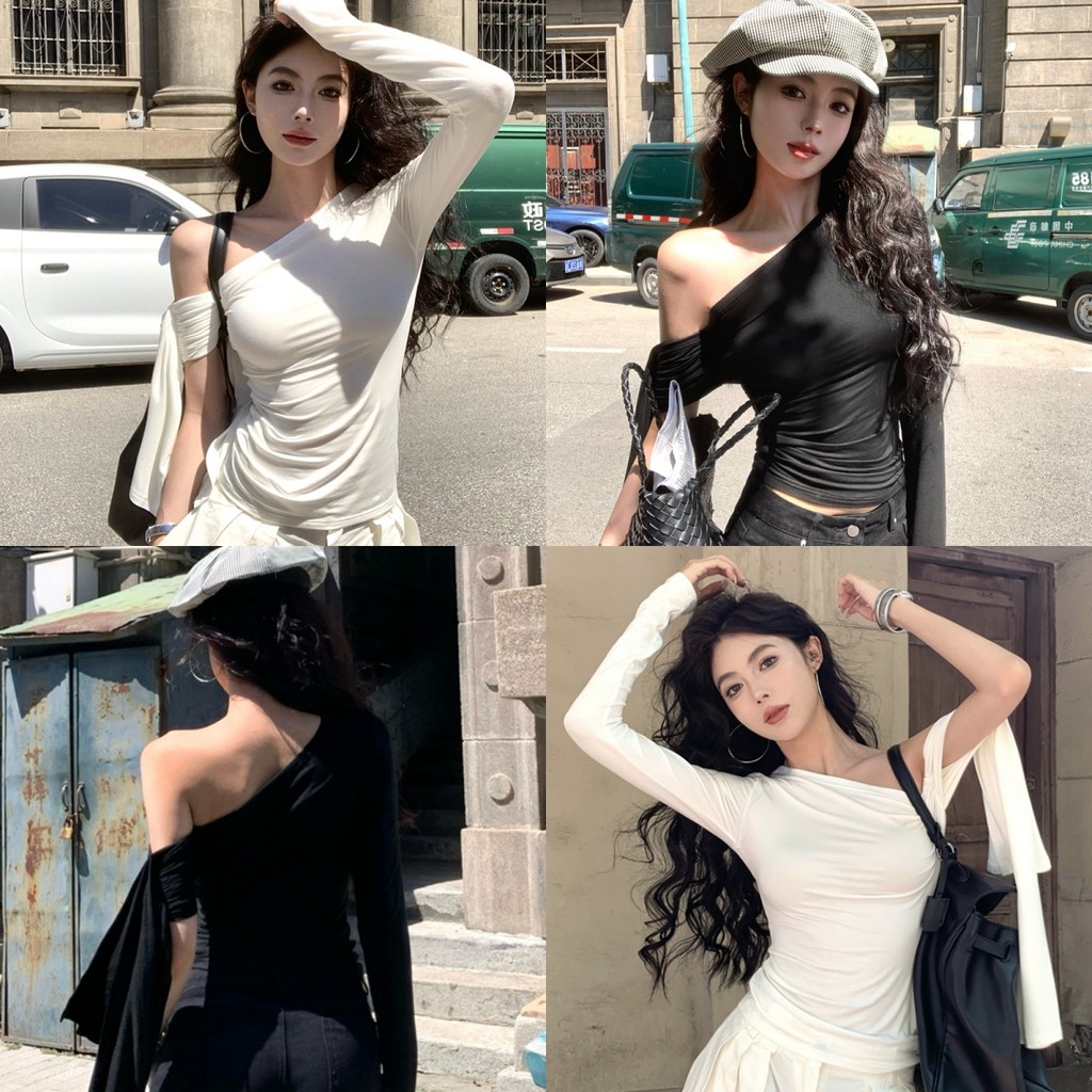 🌜Anne🌛เสื้อยืด เปิดไหล่ สีพื้น เข้ารูป ยืดใส่สบายมาก⭐เสื้อยืดแขนยาว สไตล์ลำลอง เกาหลี แฟชั่น ชิค🌟#FY2753