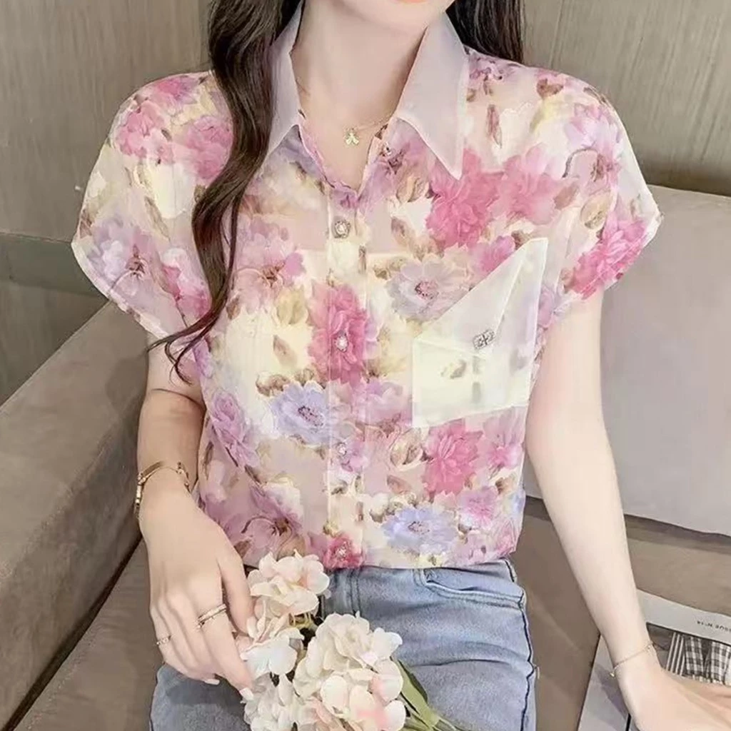 เสื้อเชิ้ตฮาวายคอบัว แขนสั้น ลายดอกไม้ ผ้าชีฟอง