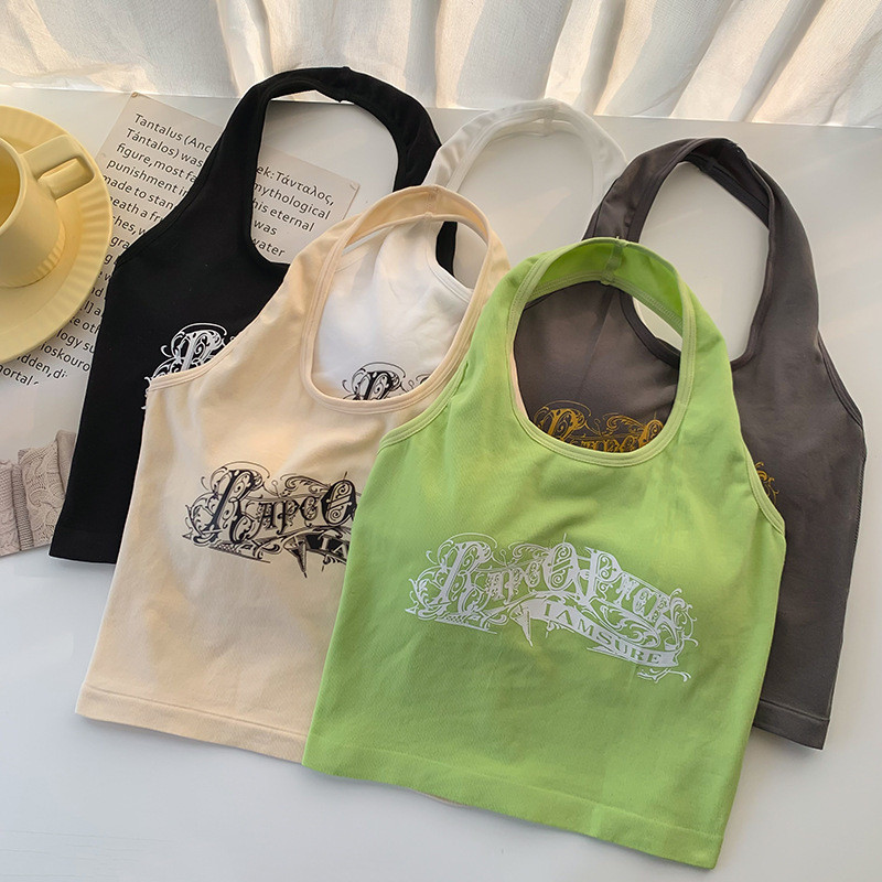 【WJZ】เสื้อชั้นในสตรีคล้องคอสั้นพิมพ์ลายตัวอักษรฤดูร้อนสําหรับผู้หญิง【L504】