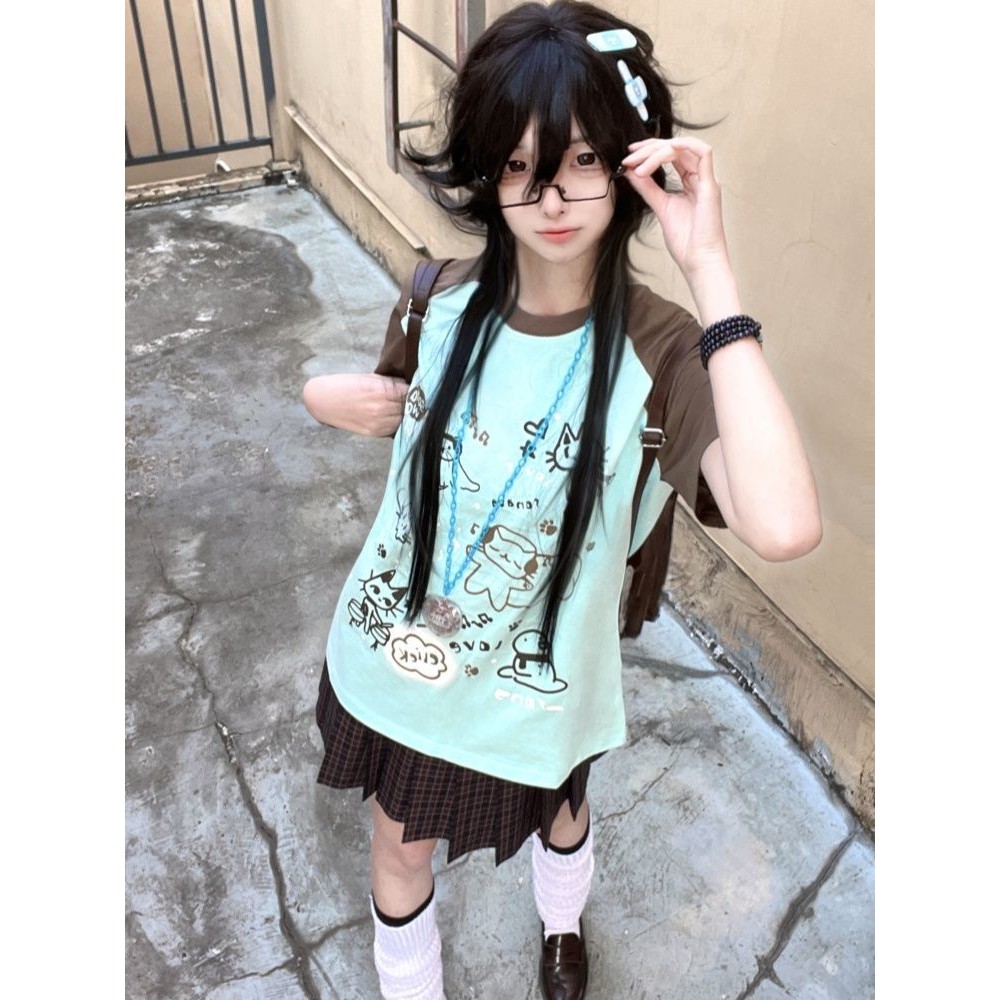 X-ORANGE ลูกแมวแขนสั้นคอกลม Raglan ไหล่เสื้อยืดหลวมฤดูร้อนสไตล์ใหม่เสื้อผ้าผู้หญิงลําลอง
