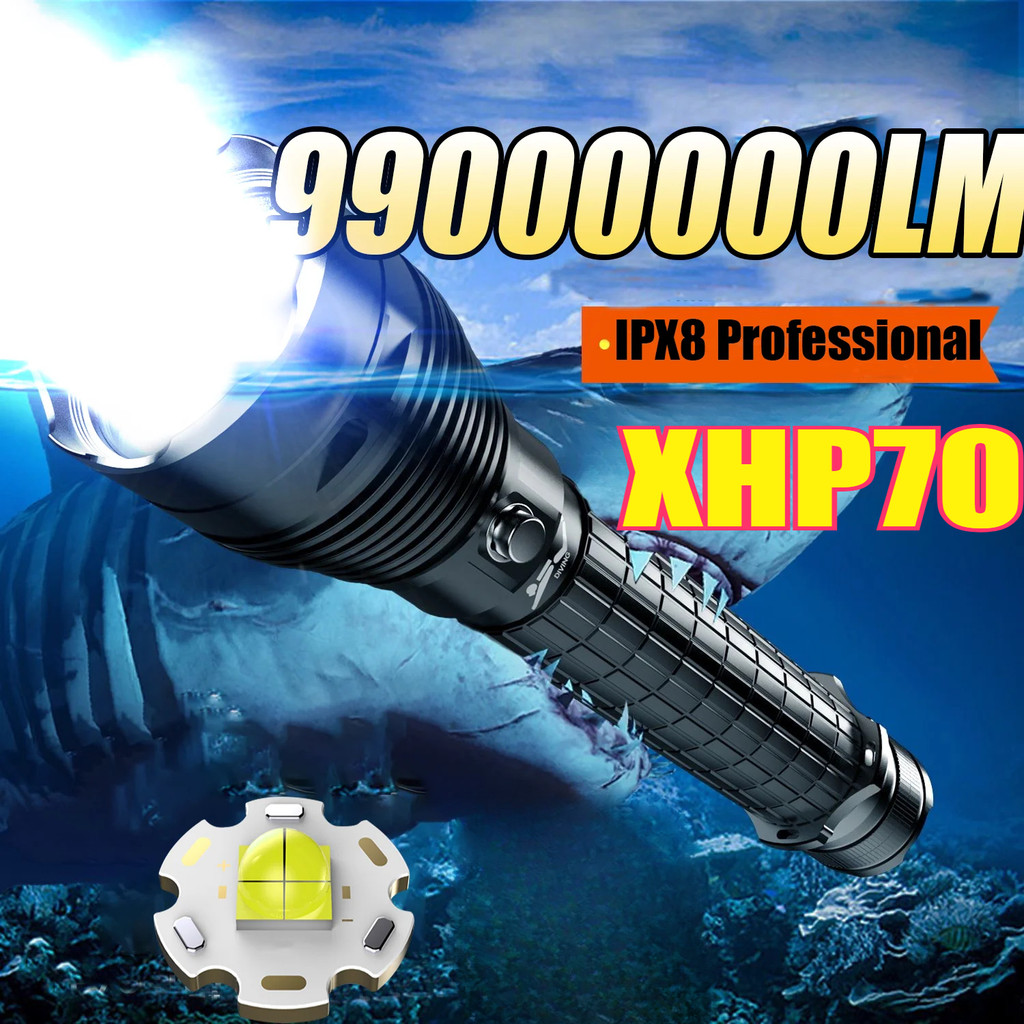 XHP70 ไฟฉายดําน้ําที่มีประสิทธิภาพใต้น้ํามืออาชีพกันน้ําไฟฉายชาร์จดําน้ําโคมไฟ