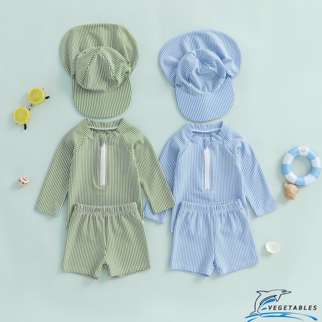 ZHY-Toddler Boy Rash Guard ชุดว่ายน้ําลายพิมพ์แขนยาวคอจําลองพร้อมกางเกงขาสั้นและหมวกว่ายน้ําชุดว่ายน