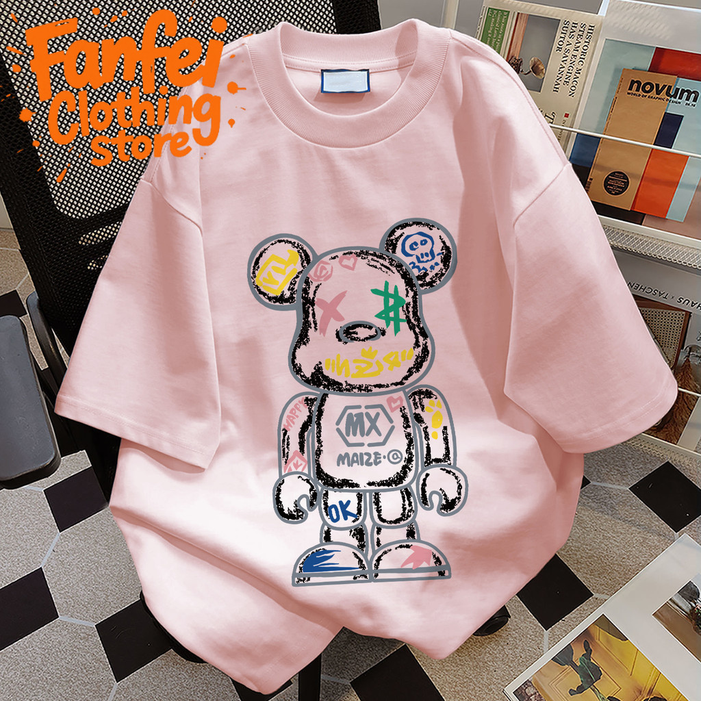 (จัดส่งตลอด 24 ชั่วโมง)Fanfei สีชมพู เสื้อหมี เสื้อยืด oversize ลายน่ารัก ผ้าคอตตอน โอเวอร์ไซส์ สไตล์ฮิปฮอป