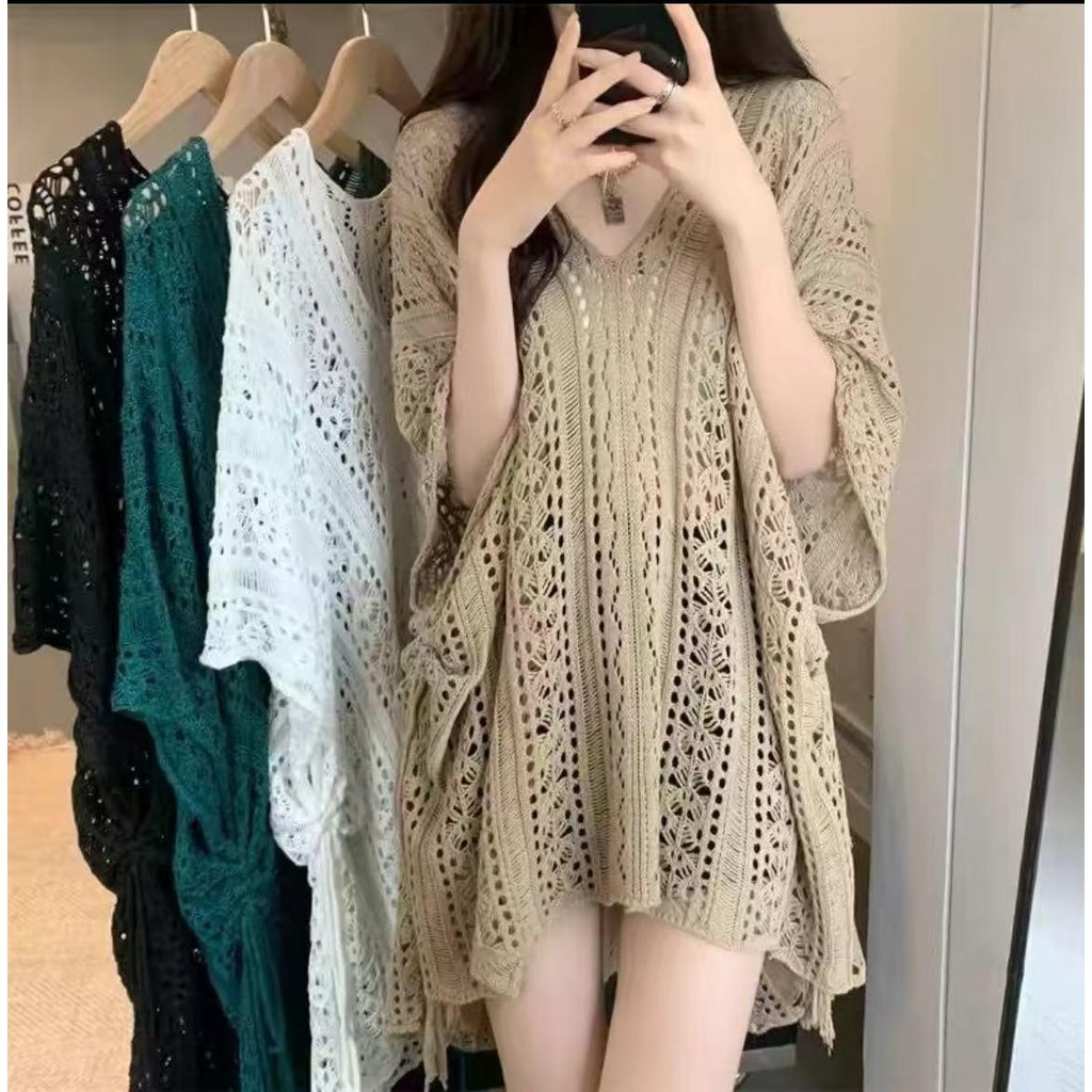 เสื้อแฟชั่นผู้หญิงถัก เสื้อยืดกันแดด ผ้าถัก คอวีแขนสั้น แบบหลวม ข้างๆมีสายดึงปรับได้