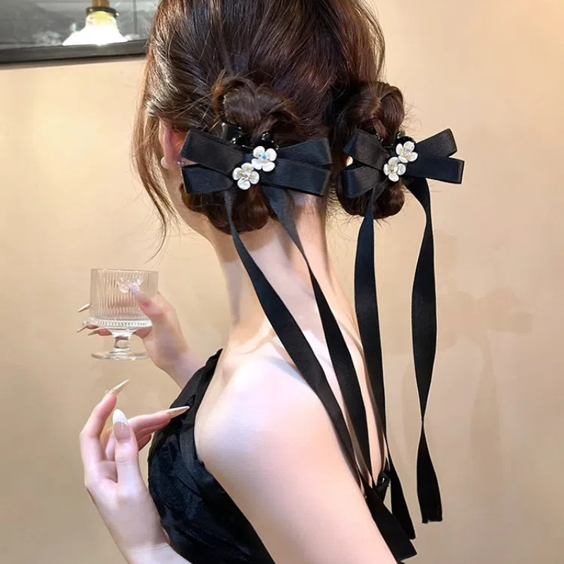 French Camellia Bow Ribbon Small Clip Female Retro Ballet Style Shark Clip