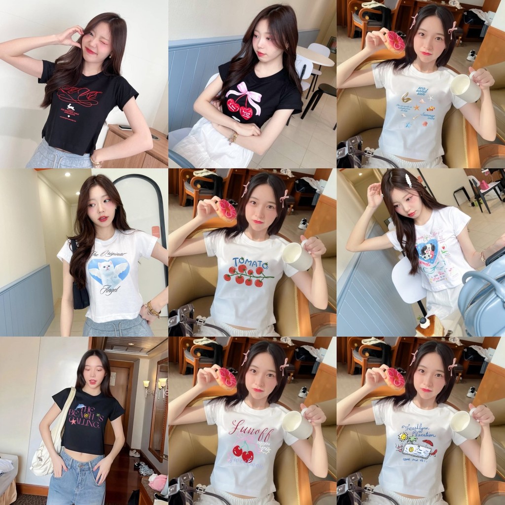 (จัดส่งตลอด 24 ชั่วโมง）Angle Official เสื้อยืดแขนสั้นสาวเครื่องเทศเกาหลี ท็อปส์ซูผ้าฝ้าย พิมพ์ลายสวยมากมาย