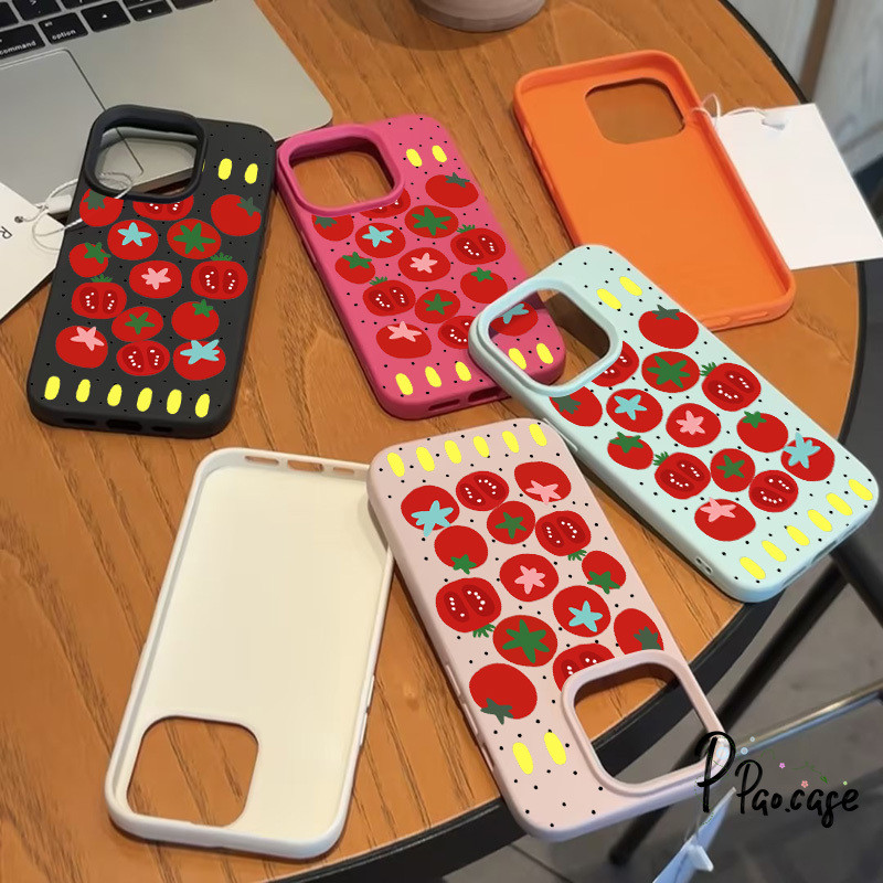 สำหรับ IPhone 11 17 XR 16 13 15 12 14 Pro Max XS X Max 16 7 15 8 Plus เคสหนังนิ่มลายมะเขือเทศสีแดงน่ารักและสร้างสรรค์