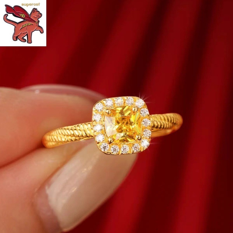 18K Saudi Gold Pawnable Full Diamond Small Square Sugar Ring ปรับได้ AU750