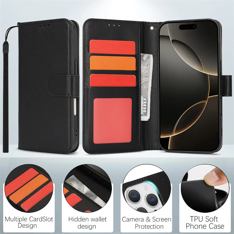 สําหรับiPhone 16 16e 15 14 Plus 13 12 11 Pro Max XRเคสโทรศัพท์,ic Flipวงเล็บพับกระเป๋าสตางค์สายคล้องเชือก