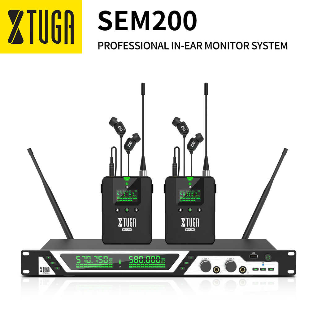XTUGA SEM200 UHF สเตอริโอไร้สาย In Ear Monitor ระบบเครื่องส่งสัญญาณ 2 ช่อง 2 Bodypack Receiver, Professional ใช้สําหรับ DJ, คอนเสิร์ต, Stage Performance Music Monitoring