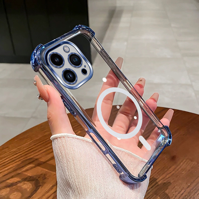 เคสสําหรับ iPhone 13 Pro Max 13 mini แม่เหล็กไร้สายโปร่งใสสี่มุมดูดซับแรงกระแทกเลนส์ป้องกันเคสโทรศัพท์ SJSFDDR