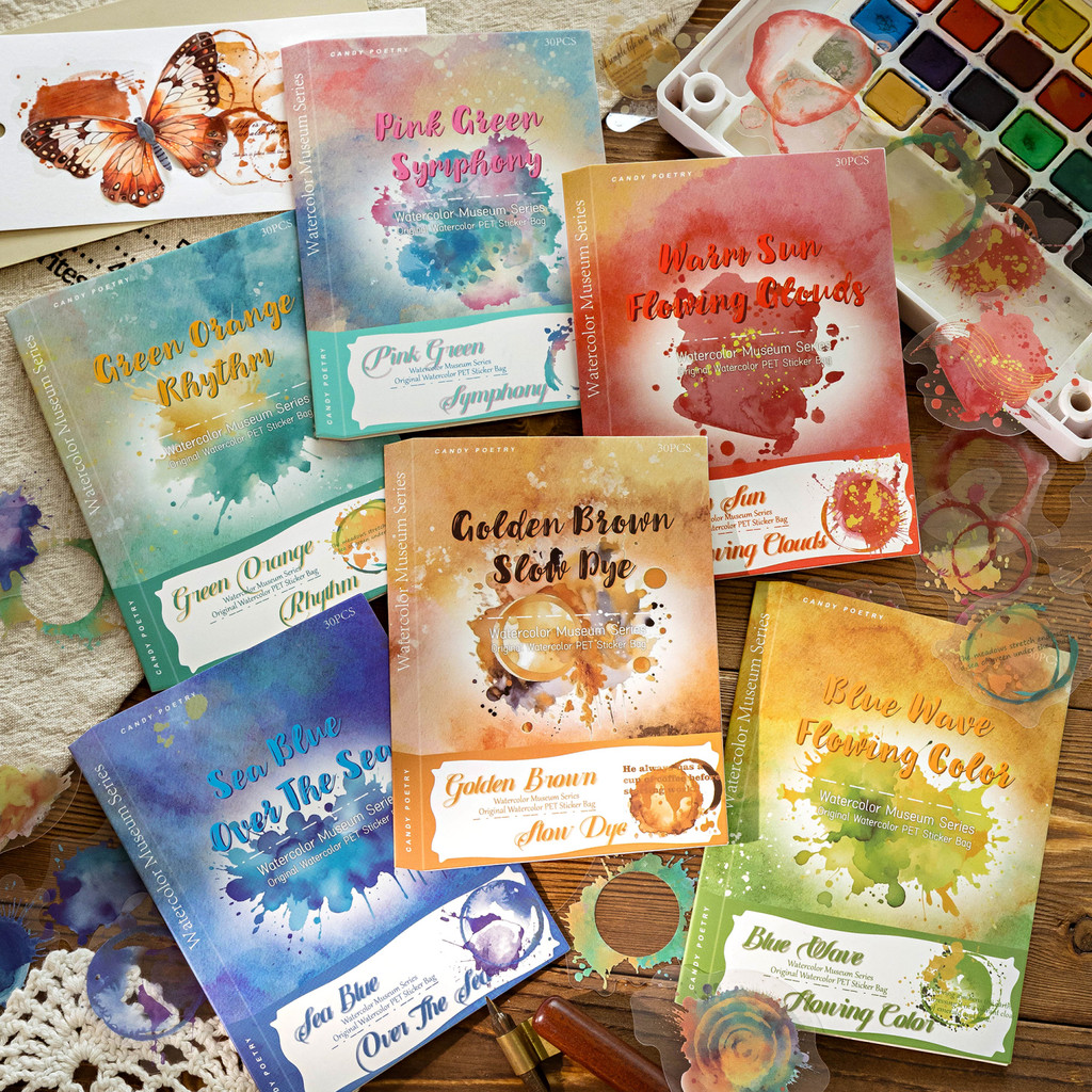 กระดาษ Mr. Paper 30 ชิ้น/ถุง สติกเกอร์ PET กันน้ำ กระเป๋า สีสันสดใส ลายสีน้ำ ลายรอยเปื้อน สติกเกอร์สมุดภาพ DIY การ์ดอวยพร ถ้วย สมุดโน้ต ของขวัญ สติกเกอร์ตกแต่ง
