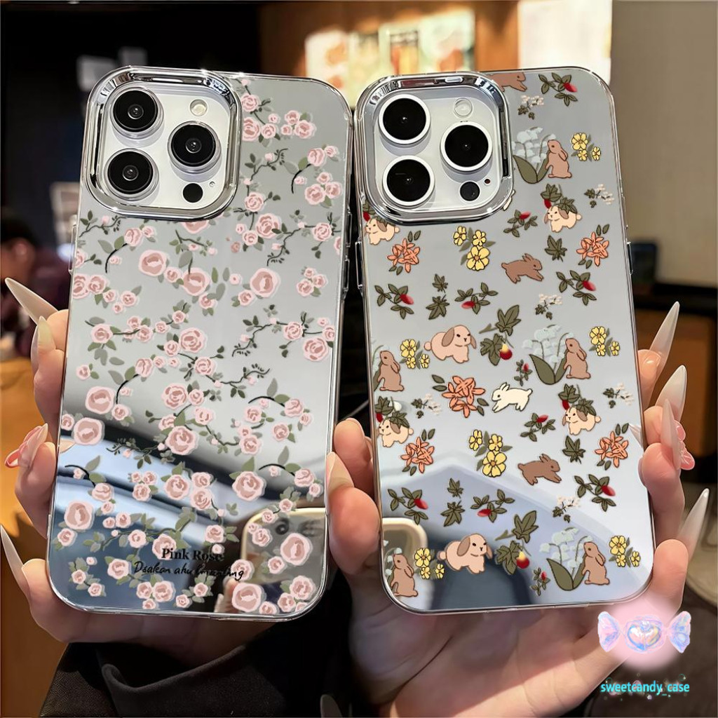 👑จัดส่งในพื้นที่👑 เคสแบบกระจกมิเรอร์ ดอกไม้ ดอกกุหลาบ สัตว์เล็กและดอก สําหรับIPhone16 15 14 13 7 8plus Pro Promax XR XS
