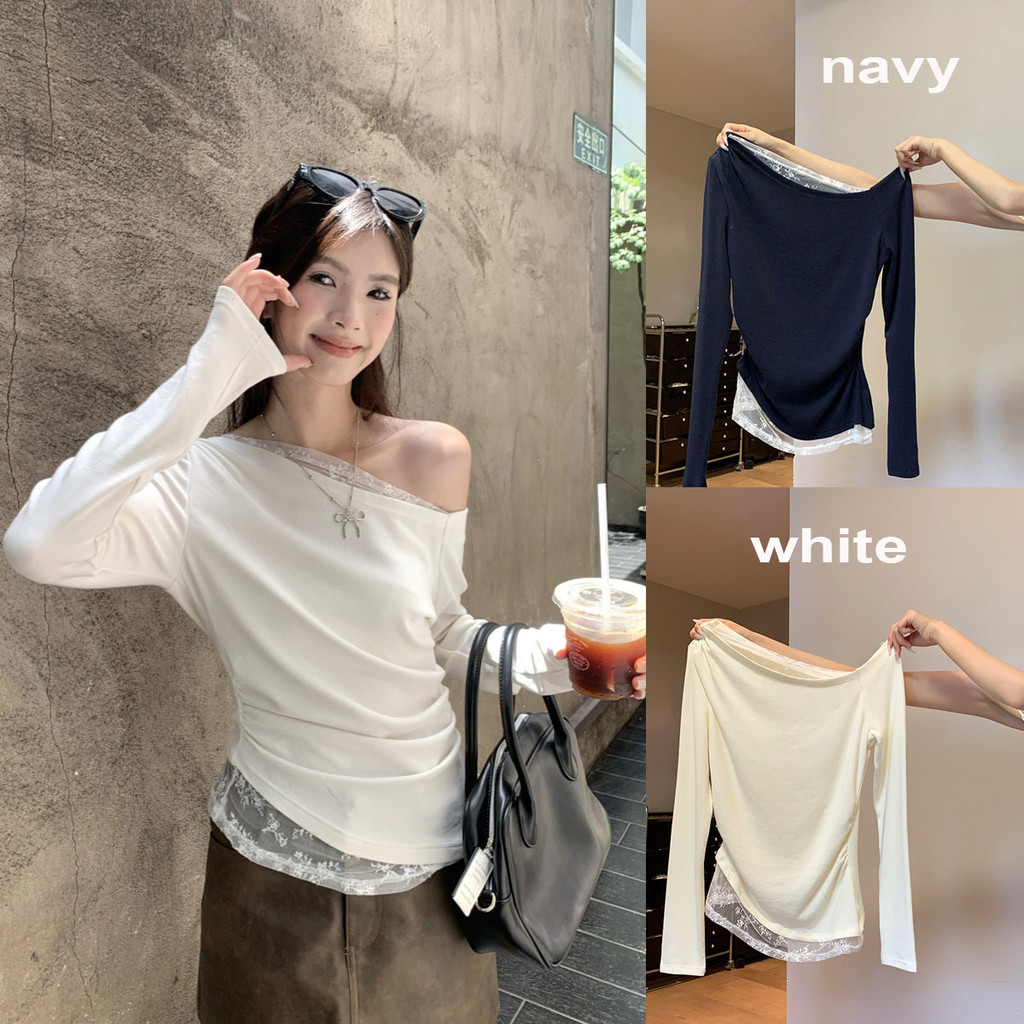 Dahong   เสื้อปาดไหล่แขนยาวแต่งลูกไม้ งานสวยใส่ง่ายเข้ากับทุกสไตล์ 2669