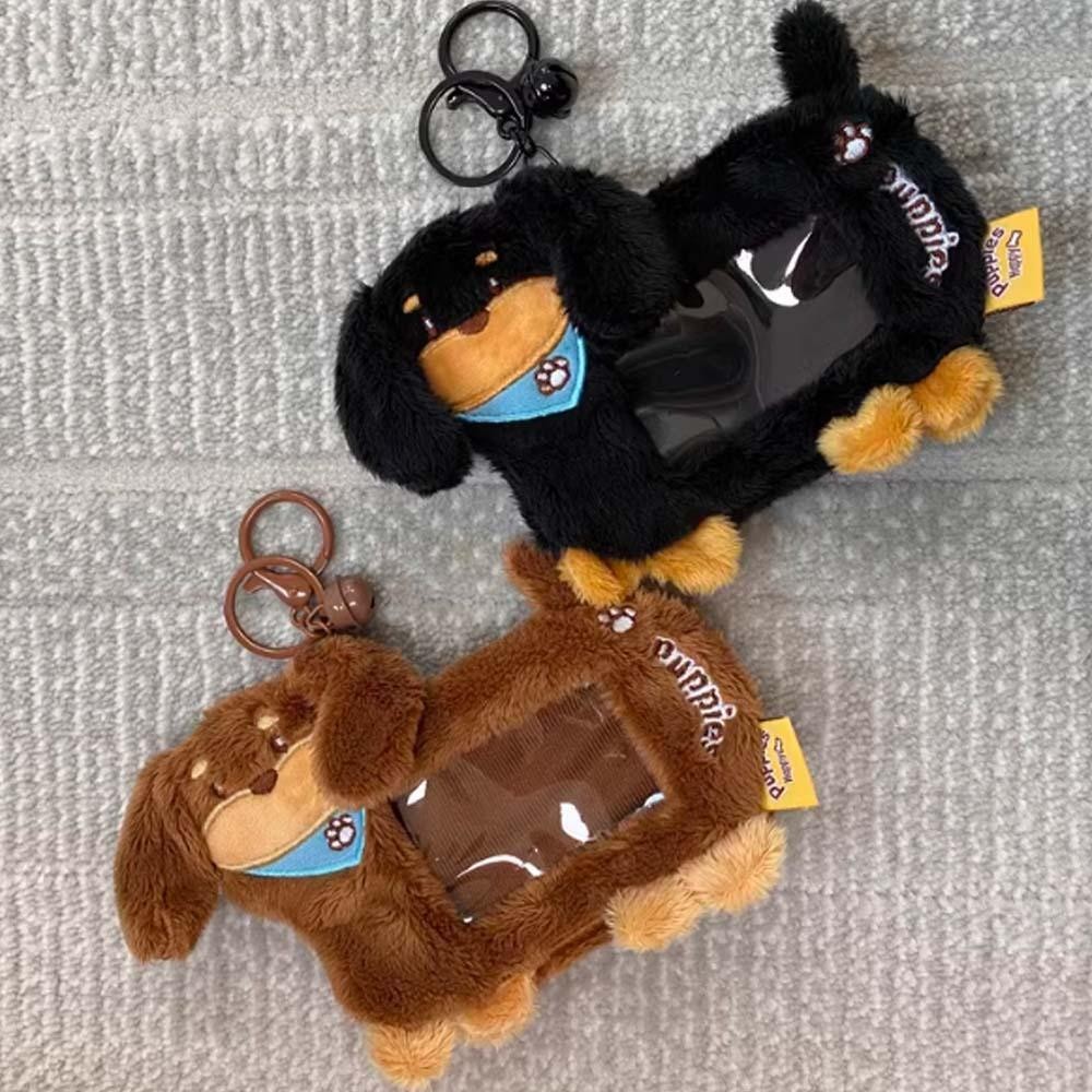 Riverstone Dachshunds Card Cover, PP Cotton Dust Sausage Dog Card Holder, Cute Doll Bell PVC Plush Photo Protective Case Girl