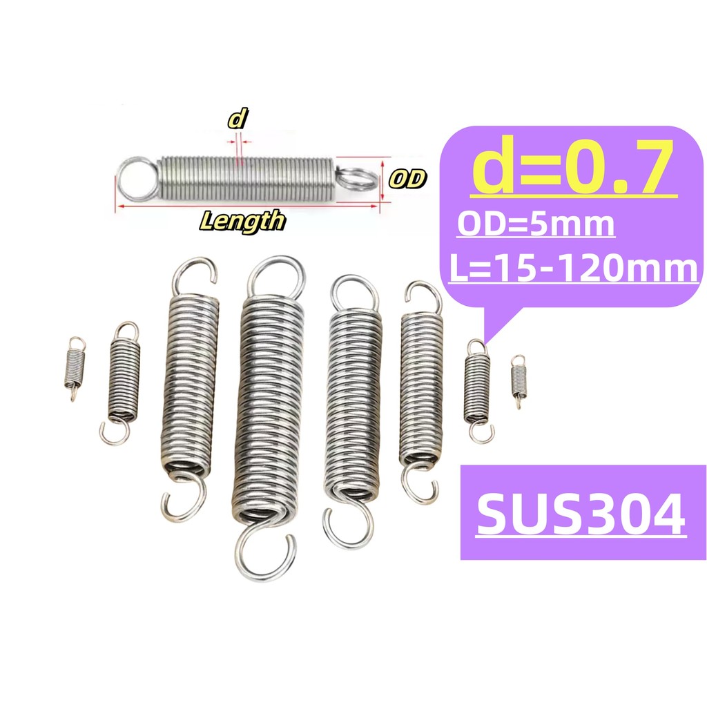 304 สแตนเลส สปริงแรงดึง/สปริง d=0.7mm,OD5mm,L=15~120mm สปริงดึงพร้อมตะขอ ทาประตูโรงรถ bunnings, เครื่องแกว่งM1XZ
