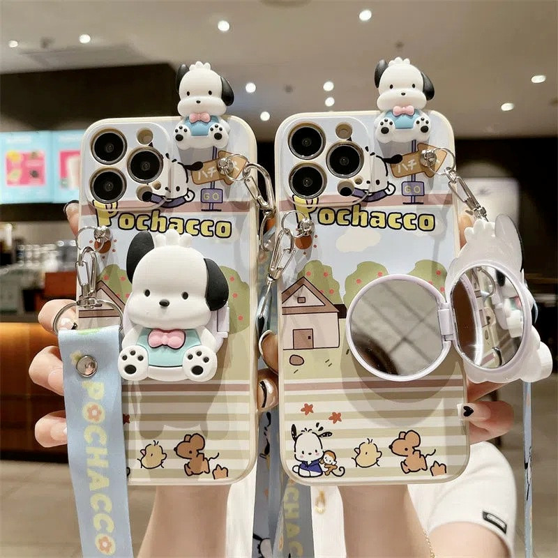 ปลอกสําหรับ Tecno Spark GO 1 POVA 6 NEO POVA 5 Camon 40 30 20 Pro Spark 20C 10C 8C น่ารักการ์ตูน Pochacco กระจกแต่งหน้าพร้อมสตริงซิลิโคนกรณี