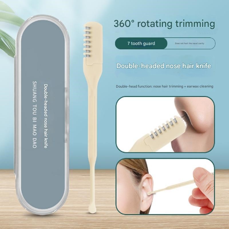 เครื่องตัดขนจมูก ที่กันจอน เครื่องตัดขนจมูกแบบแมนนวล ที่กันจอน ช้อนหูใบมีดสแตนเลส 360° หมุนจอนขนจมูกหูแสงแบบพกพาสําหรับผู้ชายและผู้หญิง
