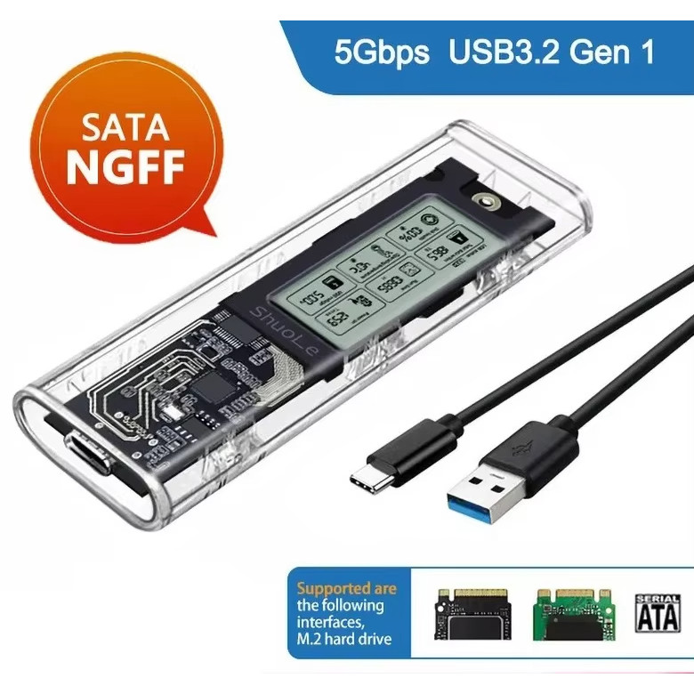 กล่องใส่ SSD โปร่งใสพร้อมจอแสดงผลอัจฉริยะ SATA SSD อะแดปเตอร์ USB 3.2 ประเภท C M.2 NVclosure/NGFF Tourist Protocol