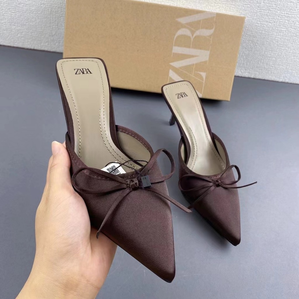 100% ZARA-รองเท้าส้นสูงผู้หญิง Bowknot Pointed Stiletto Heels รองเท้าแตะแฟชั่น