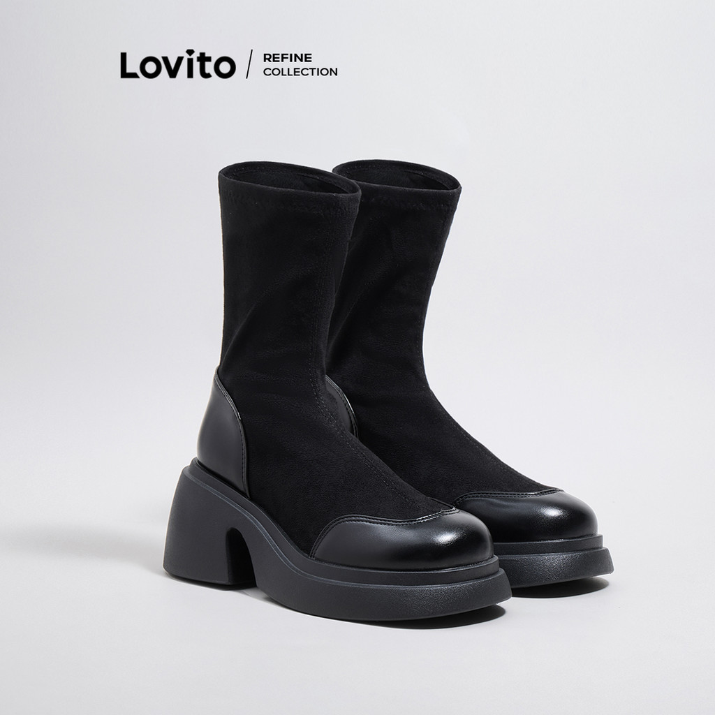 (Lovito Refine) ผ้าธรรมดาเย็บบล็อกส้นรองเท้าแฟชั่นสำหรับผู้หญิง LFA46089