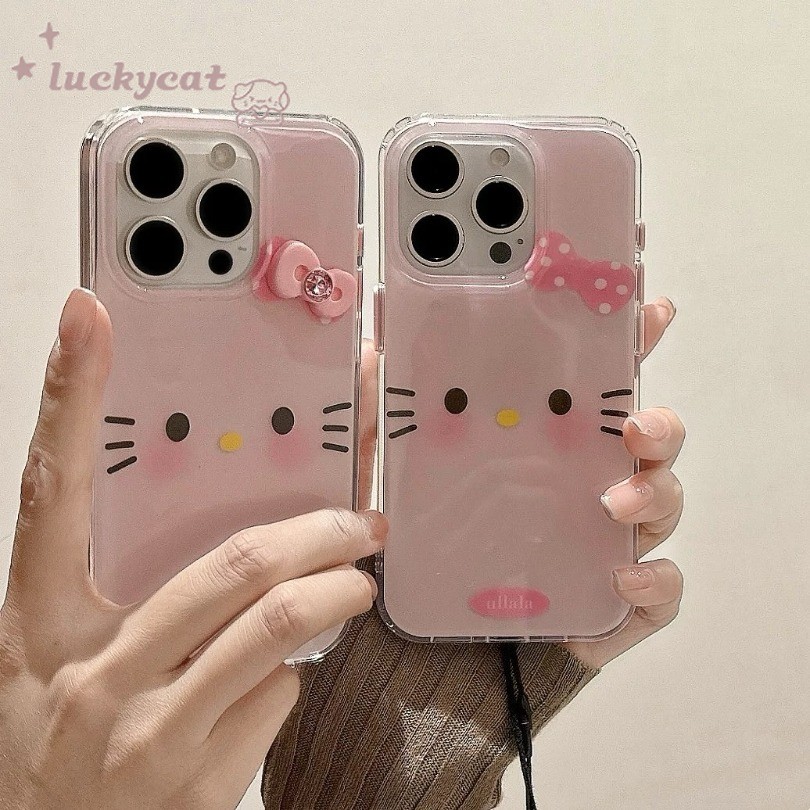 Iphone 16 15 14 13 12 11 Pro Max X Xr Xs Max 7 8 Plus SE2020 เคสโทรศัพท์น่ารักหวานสีชมพูโบว์ KT แมวคู่รูปแบบ Clear Soft ฝาหลัง