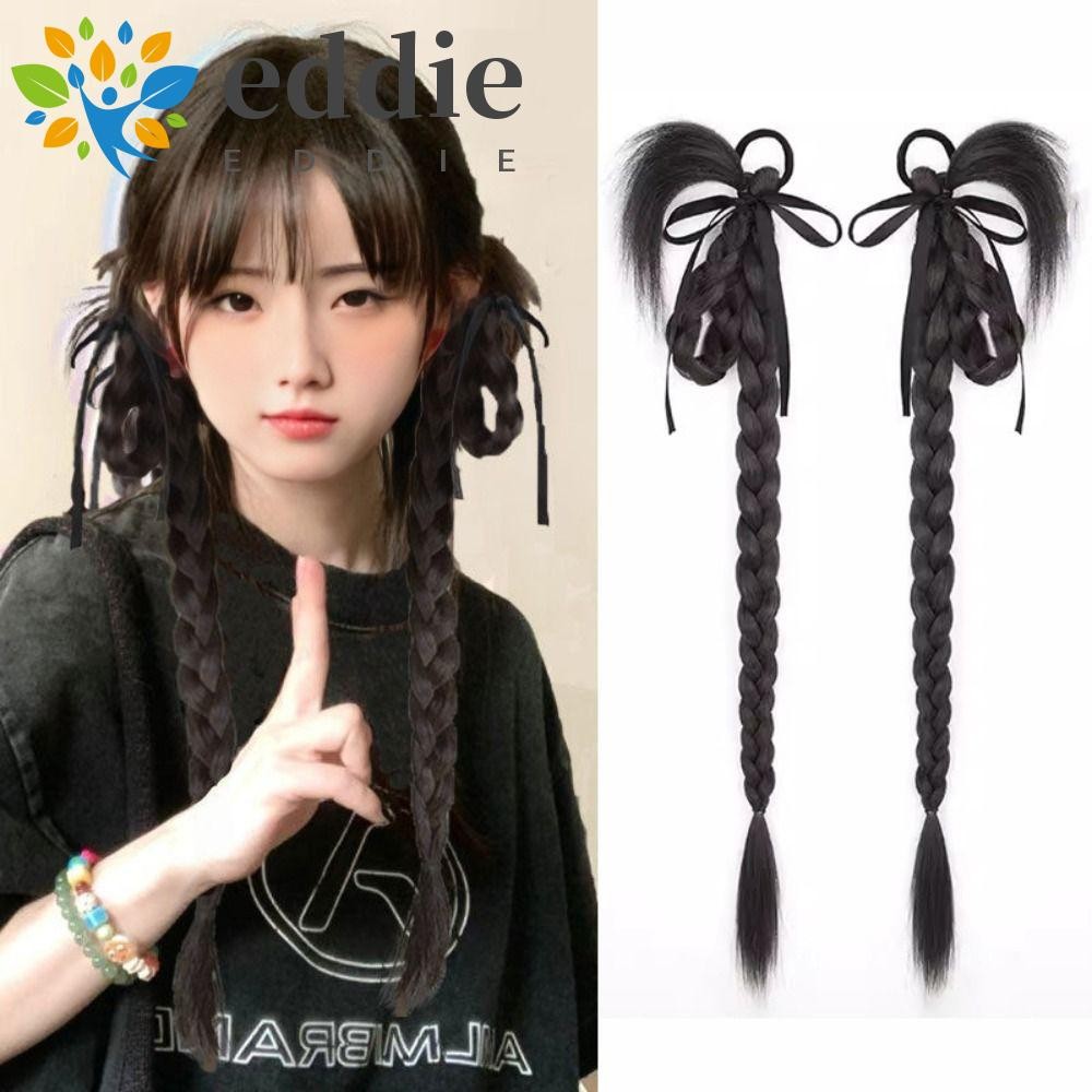 Edie 2 ชิ้นวิกผม Bubble Braid, ใหม่สไตล์จีนแป้งทอดคู่วิกผมหางม้า,น่ารักต่อผมสังเคราะห์ธรรมชาติขนไก่มวย Braid ทุกวัน