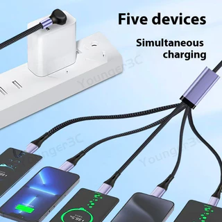 สายชาร์จเร็ว USB แบบตาบอด 66W,3D 90°ข้อศอก 5 In 1 ทอ Fast Charging Data Cable,0.6-1.5M USB A ถึง ios Type C Micro Charger สายไฟโทรศัพท์มือถือ