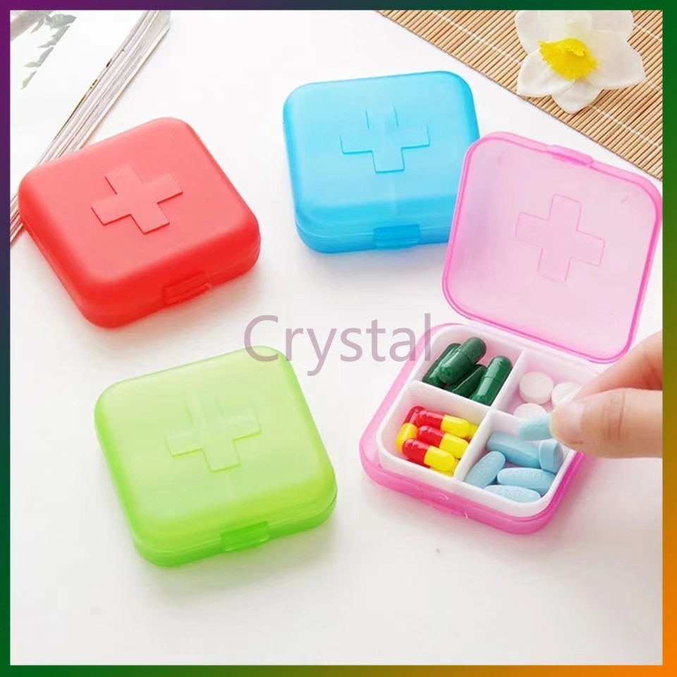 Crystal กล่องใส่ยา กล่องสีสันลูกกวาด 4 ช่อง กล่องยาแบบพกพา กล่องเก็บยา