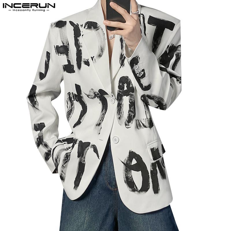 Incerun Men Korean Art Hand-Painted Letter Design Long Sleeve Casual Blazer